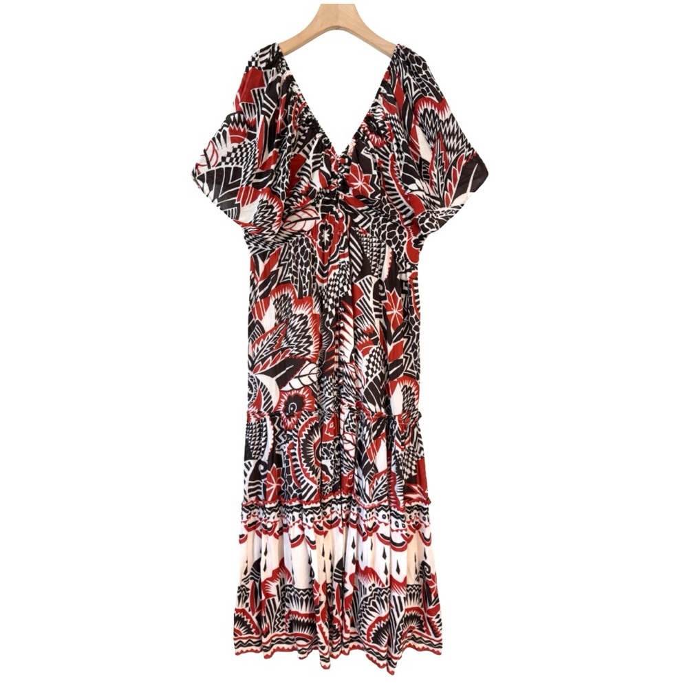 By Anthropologie XL Tiered Maxi Dress Red Pattern Short Sleeve V-Neck‎ Buttons - Picture 4 of 15